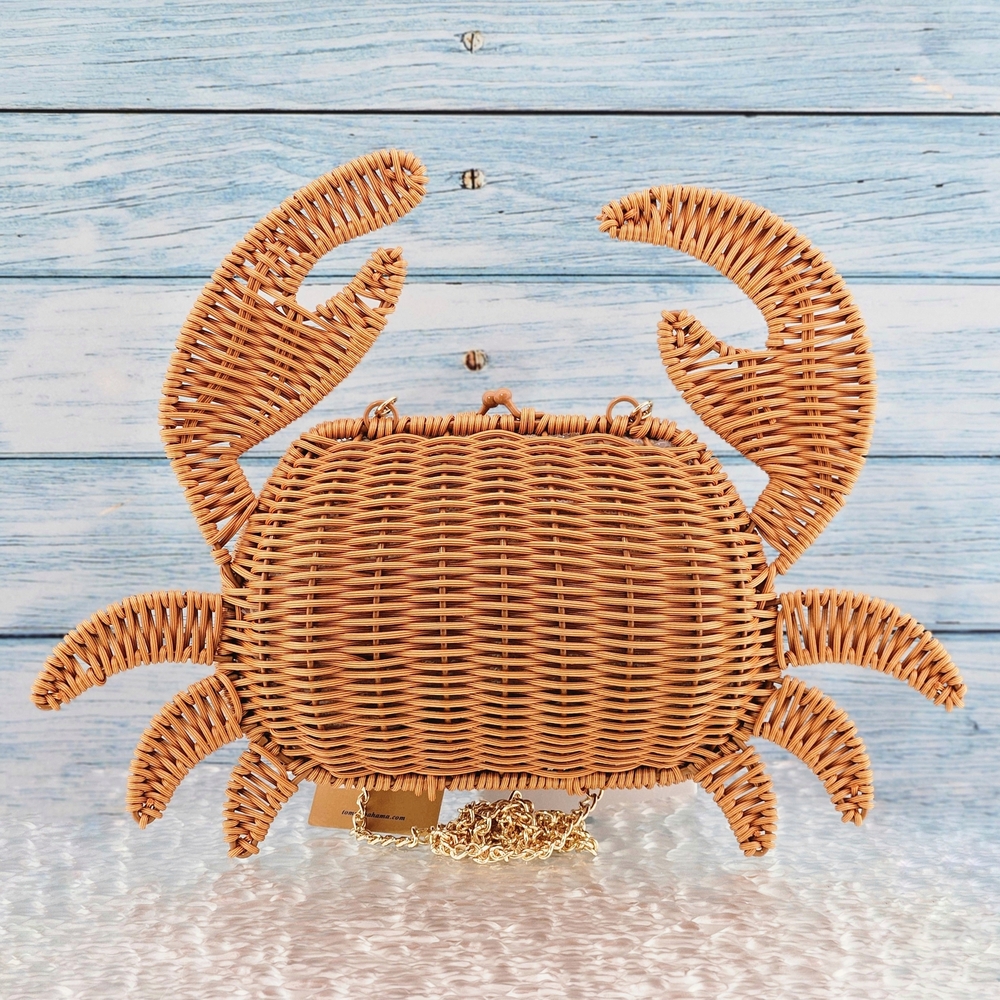 VIRAL Tommy Bahama Crab Clutch Bag Natural Woven Kiss Lock Gold Chain Vacation - Picture 3 of 4